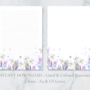 Papel de carta floral fofo para impressão, papel de carta com flor roxa, papel A4 e carta americana pautada e liso, download instantâneo em PDF, papoula moderna