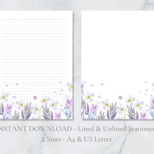 Cute Floral Printable Stationery Writing Paper Purple Flower Letter Paper A4 and US Letter Lined & Plain Instant Download PDF Poppy Modern