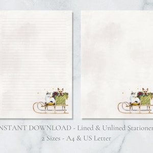 Christmas Dog and Cat Printable Stationery Winter Stationary Snow Sled Writing Paper Letter Writing Paper A4 US Letter Instant Download Cute