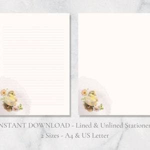 Papelería imprimible con diseño de pollitos de Pascua, papelería de primavera, papel de escritura natural, flores de primavera, papel para escribir cartas A4, tamaño carta de EE. UU., descarga instantánea