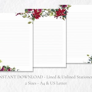 Christmas Poinsettia Printable Stationery Holiday Festive Stationary Writing Paper Winter Floral Letter Set A4 US Letter Instant Download