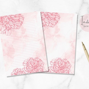 Papelería imprimible con diseño de peonías, papelería de San Valentín, papel de escribir con diseño floral, papel para escribir cartas A4, descarga instantánea.