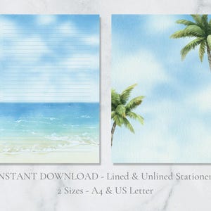 Papelería imprimible de isla tropical, papelería de playa, papel de escritura de verano, hojas de palmeras marinas, papel para escribir cartas A4, tamaño carta de EE. UU., descarga instantánea