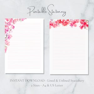 Papelería imprimible con buganvillas, acuarela, botánico, tamaño A4, carta de EE. UU., descarga instantánea, flores de verano, diario floral rosa y rojo