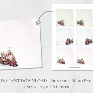 Può includere: Blocco note stampabile con un treno rosso e bianco con un albero di Natale in cima, circondato da neve e alberi. Il blocco note è disponibile in due formati: A4 e US Letter.