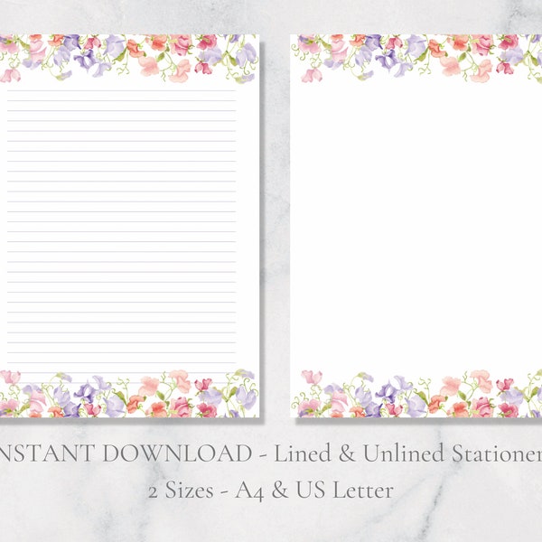 Sweet Pea Printable Stationery Floral Letter Writing Paper Spring Summer A4 US Letter Instant Download Spring Stationery Flower Stationary