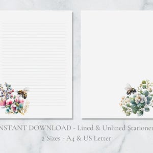 Bees and Flowers Printable Stationery Paper Floral Letter Writing Paper A4 US Letter Instant Download Flowers Paper Honey Bees Stationary