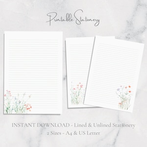 Papelaria para impressão de flores silvestres em aquarela, papel de carta botânico A4, download instantâneo, planejador de prado de flores de primavera e verão