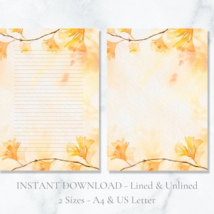 Papelería imprimible con hojas de ginkgo en acuarela, hojas de otoño, papel para escribir cartas, tamaño A4, descarga instantánea.