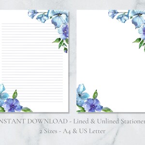 Papelaria para impressão de flores azuis, papelaria floral, papel de carta botânico, papel de carta de primavera, papel de carta A4, download instantâneo, verão