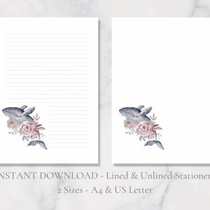 Papelaria para impressão de baleias Papel de carta floral Papel de carta aquarela Papel de carta com letras de animais A4 para download instantâneo