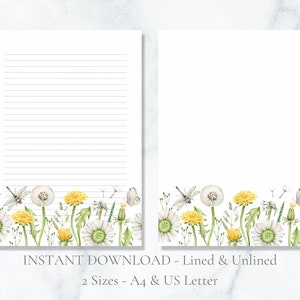 Papelería imprimible con acuarela de diente de león, papelería floral, papel botánico para escribir cartas, papel A4, carta estadounidense, descarga instantánea