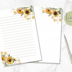 Papelería imprimible con diseño de girasoles en las esquinas, tamaño A5, acuarela, botánica, naturaleza, papel para escribir cartas, floral, descarga instantánea