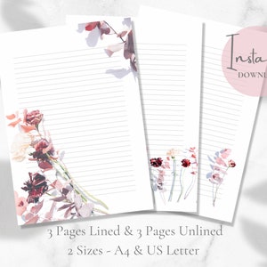 Papelería con diseños florales, papel botánico, papel de carta con flores rojas, papel de carta A4, descarga instantánea.