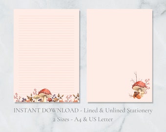 Toadstool Printable Stationery Woodland Writing Paper Fall Autumn Leaf Paper A4 US Letter Lined & Plain Instant Download PDF Stationery