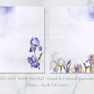 Papelería imprimible con diseño de iris morado, flores de primavera, papel de escritura primaveral, papel floral para escribir cartas, tamaño A4, descarga instantánea.