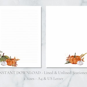 Calabazas de otoño Papelería imprimible Papelería de otoño Papelería de cosecha de otoño A4 y carta de EE. UU. Rayado y liso Descarga instantánea PDF Papelería