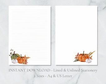 Fall Pumpkins Printable Stationery Autumn Stationery Fall Harvest Stationery A4 and US Letter Lined & Plain Instant Download PDF Stationery
