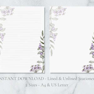 Paars botanisch afdrukbaar briefpapier stationair bloem kruid schrijfpapier bloemen brief briefpapier A4 US Letter Instant Download lente