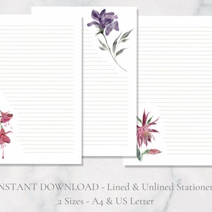 Papelería imprimible con flores de jardín, papelería floral, papel de carta de verano, tamaño A4, rayado, sin rayar, descarga instantánea en PDF, papelería fucsia.