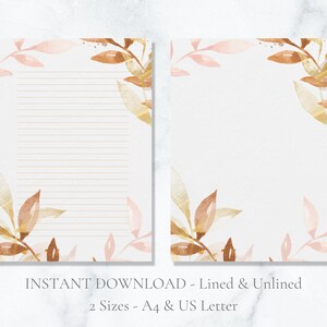 Papelería imprimible con hojas neutras de acuarela, hojas de otoño, papel para escribir cartas, tamaño A4, descarga instantánea.
