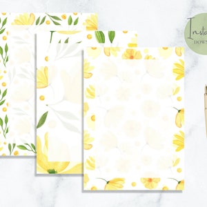 Papelería botánica imprimible de media carta A5 de EE. UU., color amarillo, papelería floral, bonito papel para escribir, papel para escribir cartas, descarga instantánea