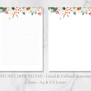 Papelaria floral de verão para impressão, papelaria laranja verde, papel de carta botânico, papel de carta com folhas, papel de carta A4, download instantâneo