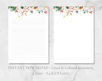 May include: Printable stationery set with a floral border in shades of white, green, and orange. The set includes lined and unlined pages in two sizes: A4 and US Letter.
