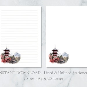 Papelería imprimible de pagoda japonesa Sakura Papelería Naturaleza Montaña Papel para escribir cartas A4 Carta estadounidense Descarga instantánea Japón Primavera