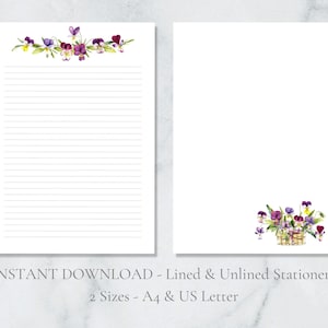 Papelería imprimible con diseño de cesta violeta, papel floral para escribir cartas A4, carta estadounidense, descarga instantánea, papelería de primavera, papelería romántica.