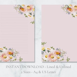 Papelaria floral para impressão com margaridas Papel de carta com flores e margaridas Papel de carta rosa Papel de carta A4 EUA para download instantâneo