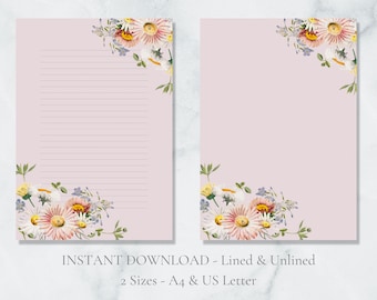 Floral Daisy Printable Stationery Flower Stationary Daisies Writing Paper Pink Letter Writing Paper A4 US Letter Instant Download