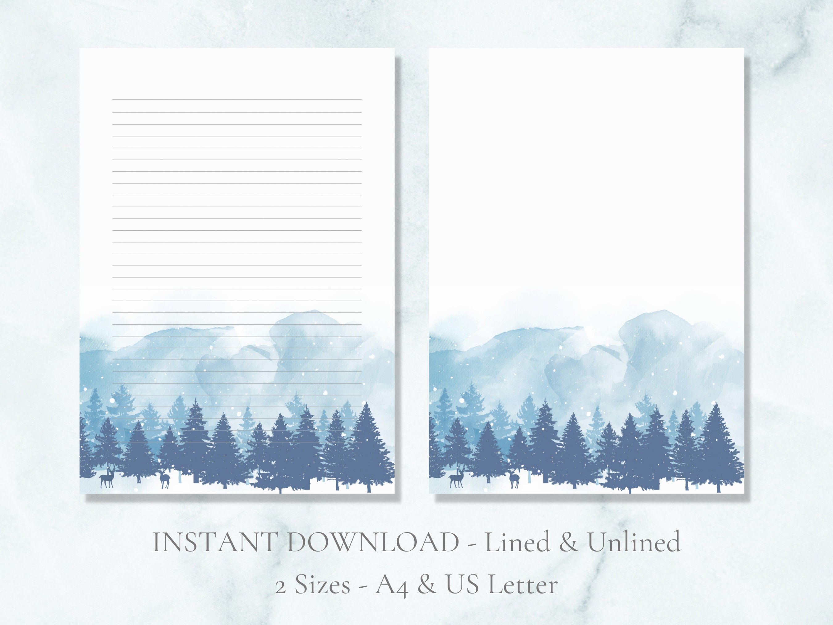 Watercolor Pine Trees Printable Stationery Deer Stationary Landscape ...