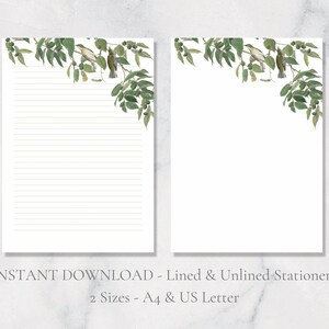 Papelaria para impressão de pássaros em árvores Papel de carta para escrita de natureza com letras de pássaros Papel de carta A4 EUA Botânico Download instantâneo