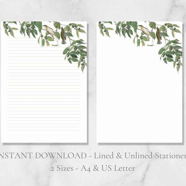 Birds in Tree Printable Stationery Tree Stationary Nature Writing Paper Bird Letter Writing Paper A4 US Letter Botanical Instant Download