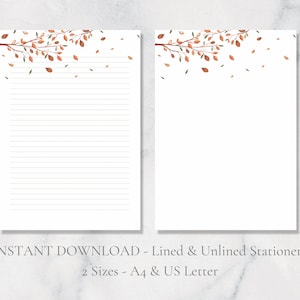 Herbst Zweig Printable Briefpapier A4 und US Letter Lined & Plain Instant Download PDF Schreibwaren