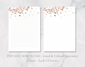 Autumn Branch Printable Stationery Tree Stationery Fall Leaves Letter Paper A4 and US Letter Lined & Plain Instant Download PDF Stationery