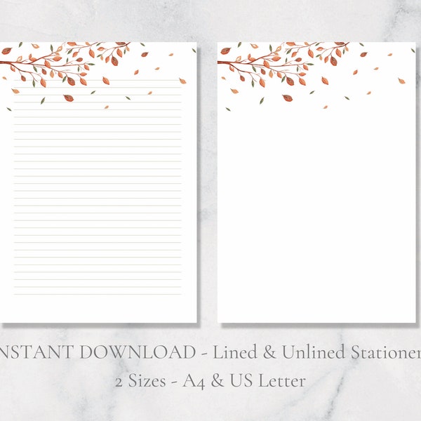 Autumn Branch Printable Stationery Tree Stationery Fall Leaves Letter Paper A4 and US Letter Lined & Plain Instant Download PDF Stationery