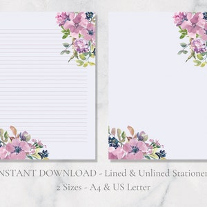 Papelería imprimible con diseño de ramo rosa, papelería floral, papel de escritura natural, papel de escritura con acuarela, tamaño A4, carta estadounidense, descarga instantánea