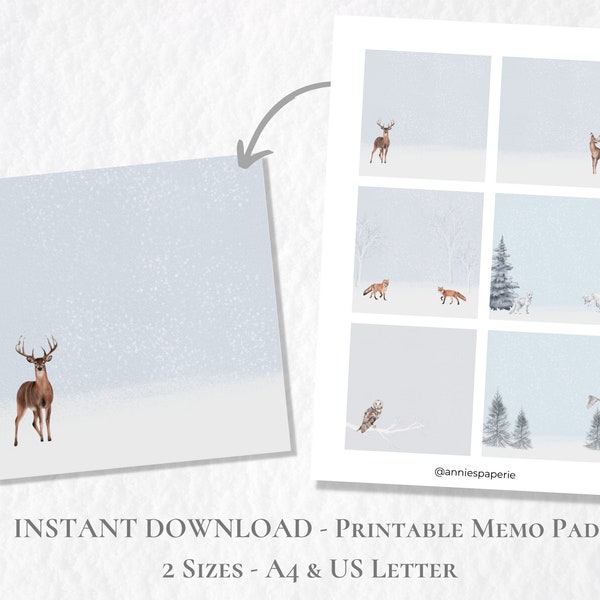 Winter Animal Printable Memo Pad Winter Festive Memo Snow Note Paper Printable Post It A4 US Letter Instant Download Christmas