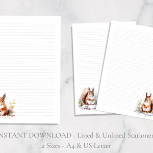 Papelaria para impressão de esquilo vermelho, papel de carta festivo, papel de carta de animal, outono inverno, A4, download instantâneo, natureza