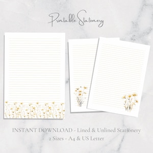 Papelería imprimible con diseño de manzanilla relajante, delicadas flores blancas, papel para escribir cartas, diseño floral, vida silvestre, tamaño A4, descarga instantánea, estilo cottagecore.