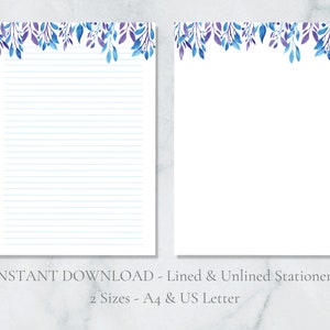 Papelería imprimible con hojas azules y moradas, papelería de acuarela, papel botánico para escribir, papel con follaje, tamaño A4, carta estadounidense, descarga instantánea