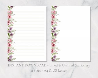 Floral Printable Stationery Flower Border Stationary Nature Writing Paper Spring Summer Letter Writing Paper A4 US Letter Instant Download