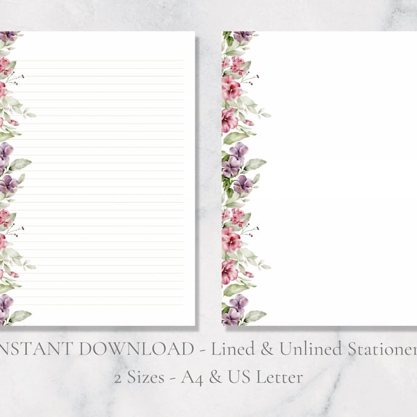 Floral Printable Stationery Flower Border Stationary Nature Writing Paper Spring Summer Letter Writing Paper A4 US Letter Instant Download