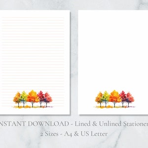 Papelería imprimible de árboles de otoño, papel para pie de página de otoño, papelería de hojas de otoño, tamaño A4 y carta de EE. UU., con líneas y liso, descarga instantánea en PDF.