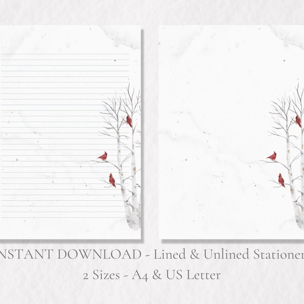 Cardinals on Birch Tree Printable Stationery Winter Stationary Snow Writing Paper Letter Writing Paper A4 US Letter Instant Download Festive