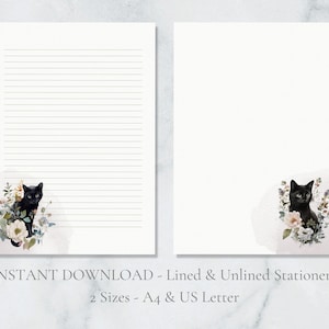 Schwarze Katze in Blumen Printable Briefpapier Briefpapier A4 US Letter Sofort Download Katzenliebhaber