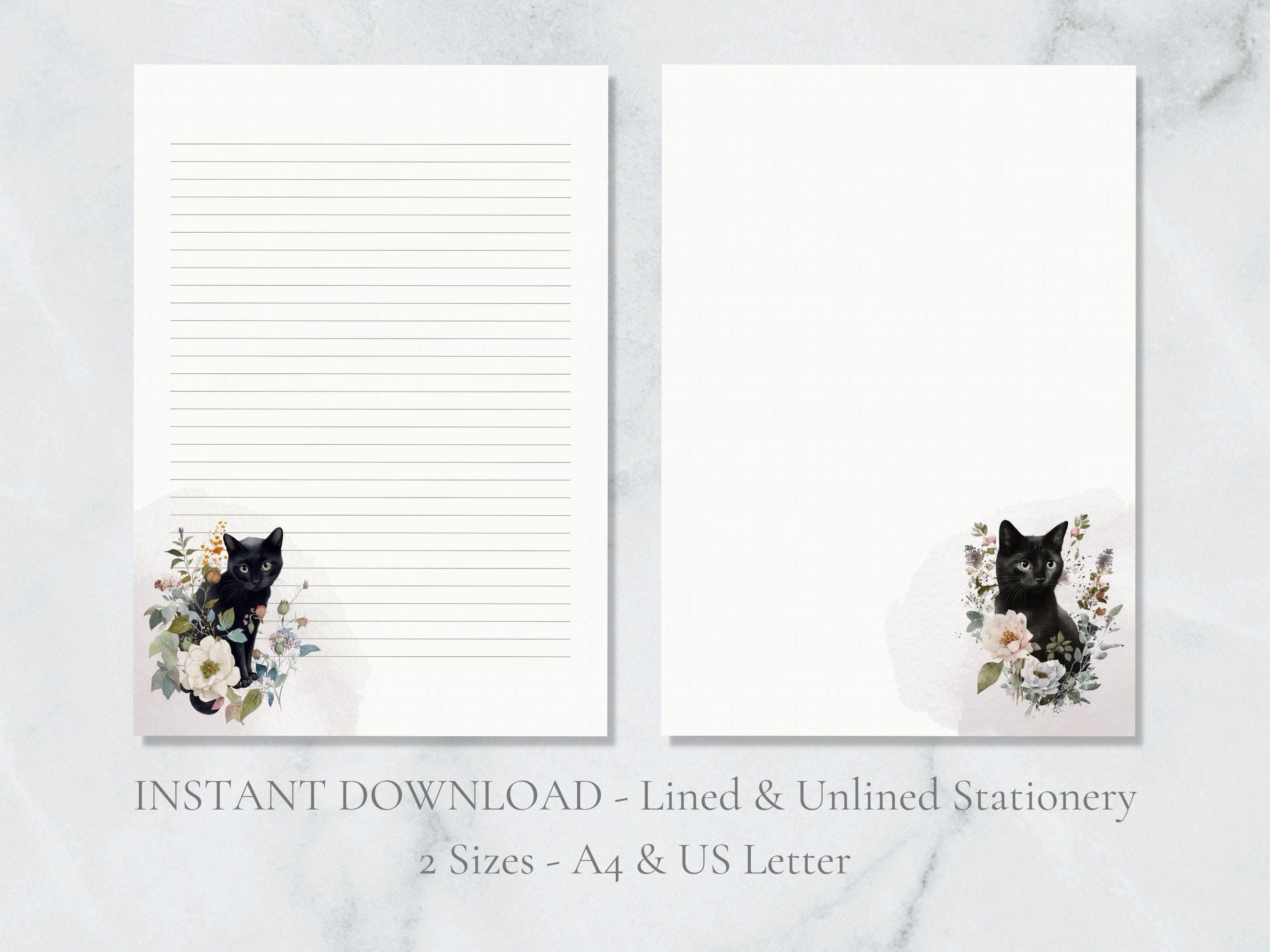 Black Cat in Flowers Printable Stationery Animal Stationary Pet Writing Paper Letter Writing Paper A4 US Letter Instant Download Cat Lover