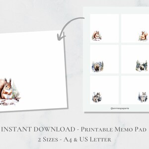 May include: Printable memo pad with a watercolor design featuring a squirrel, bear, and wolf in a winter forest setting. The pad is available in two sizes: A4 and US Letter.